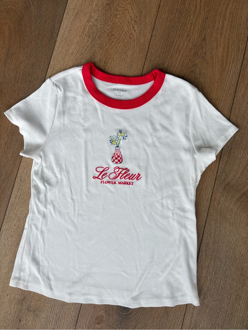 Old Navy White Tee with Red Ringer Collar and Floral Vase Graphic